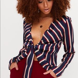 NAVY SATIN STRIPE PLUNGE KNOT BLOUSE